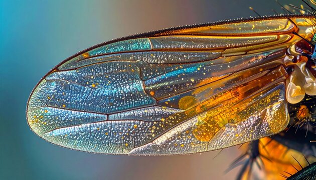 Detailed Macro View of a Fly Wing with Intricate Veins and Textures.
