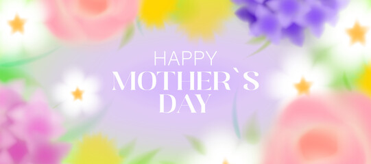 Pastel floral background with blurred pink,white,yellow and purple flowers.Roses, hydrangeas, daisies, and dandelions with green leaves, blurred spring flowers. Vector greeting banner for Mother's Day © Hanna