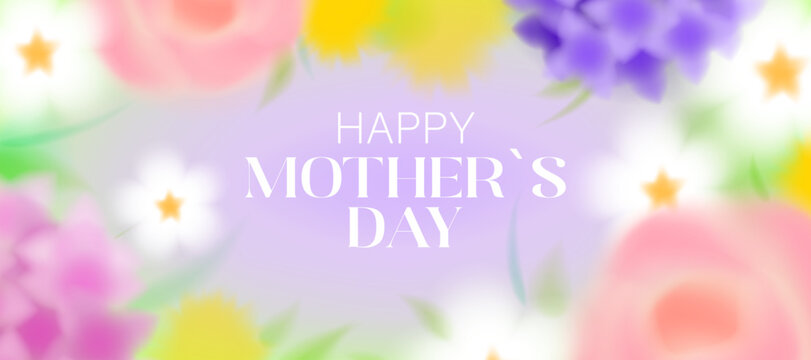 Pastel floral background with blurred pink,white,yellow and purple flowers.Roses, hydrangeas, daisies, and dandelions with green leaves, blurred spring flowers. Vector greeting banner for Mother's Day
