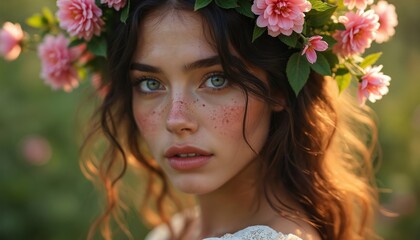 Naklejka premium Freckled woman with flower crown in garden. Sunlight shines on her wavy hair. Green leaves frame her face. She looks gently forward in soft focus.