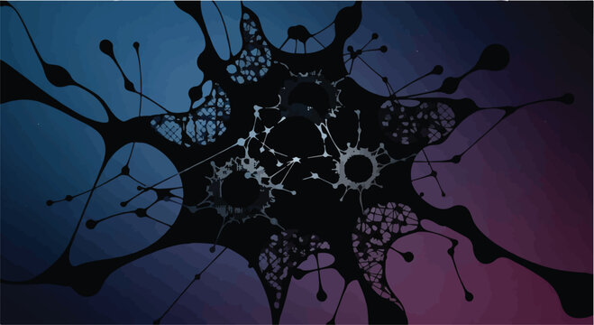 Abstract network illustration features interconnected nodes and lines against a dark background with blue and purple gradients, representing complex systems and digital connections.