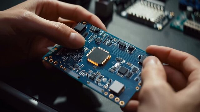 Careful Electronic Inspection. Detailed Inspection Of Electronic Components On Circuit Board In Workshop