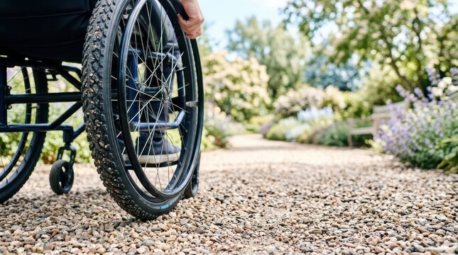 Wheelchair wheel rolling along gravel garden path in daylight
