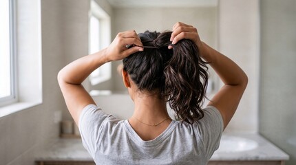 Fototapeta premium Woman styling her hair in bathroom.