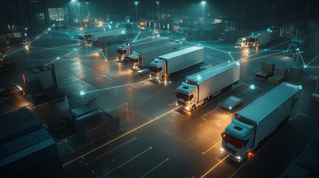 AI fleet tracking system, multiple cargo trucks parked and moving in a logistics yard, holographic tracking lines and connected nodes above each vehicle
