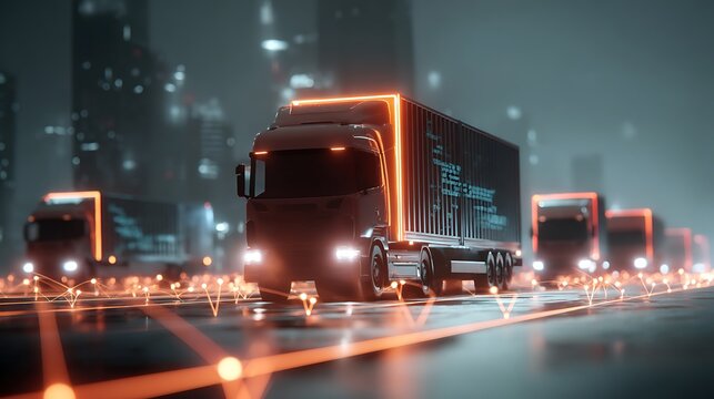 E-commerce delivery truck system, fleet of delivery trucks moving through distribution routes, glowing path lines and data nodes indicating order fulfillment flow, modern logistics technology