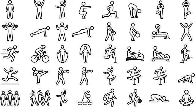 Sports and fitness outline icon set featuring workout exercises running gym training yoga activities and active lifestyle symbols collection