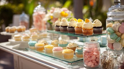 Naklejka premium A pastel dessert cart filled with cupcakes, layered cakes, and jars of colorful candies positioned outdoors under bright spring sunshine