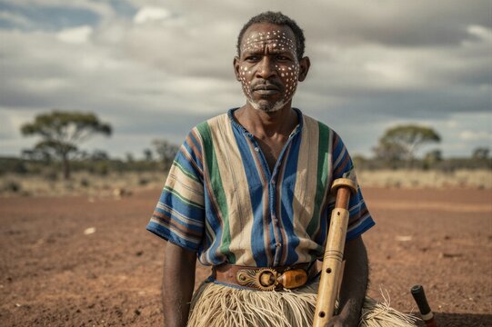 An indigenous Australian man stands proudly in his natural habitat, wearing traditional clothing and exuding a sense of solitude and connection to nature.