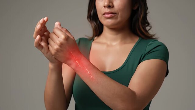 Hispanic Woman Wearing Deep Green Fitted Shirt Holding Wrist with Red Painful Inflammation Overlay Against Neutral Background