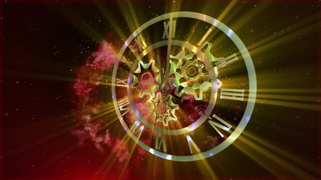 A surreal cosmic clock with rotating gears floats within a glowing galaxy, symbolizing the infinite flow of time, universal motion, and the connection between mechanics and the cosmos.

