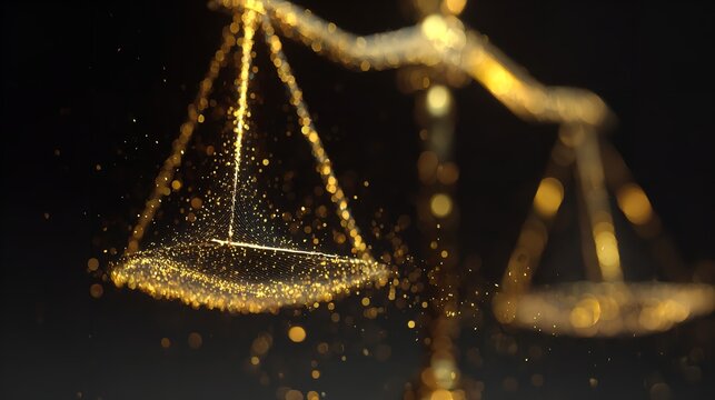 Golden scale of justice concept with blurred bokeh effect and dark background