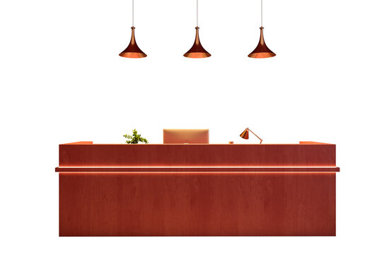 Wooden reception desk with office items in clean style on white background, concept of corporate interior, 3D Rendering