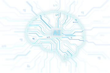 Digital brain with circuit lines in glowing blue tech style on light background, concept of artificial intelligence data mind, 3D Rendering