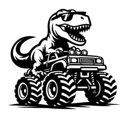 Cool Tyrannosaurus Rex Driving A Monster Truck Wearing Sunglasses, Funny Dinosaur Extreme Off Road Racing Illustration For Kids And Fans © VisuaLabArt