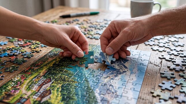 Two hands working on a jigsaw puzzle.