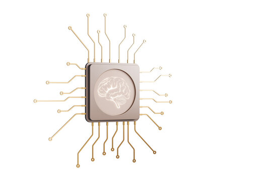Brain chip with golden circuit layout on white background showing concept of artificial intelligence, 3D Rendering