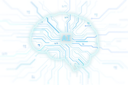 Digital brain with circuit lines in glowing blue tech style on light background, concept of artificial intelligence data mind, 3D Rendering