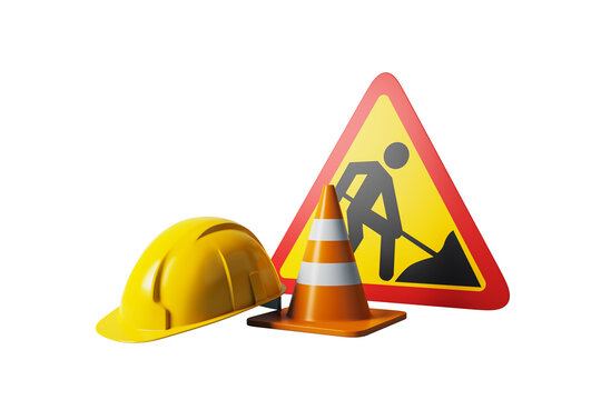 Construction cone hard hat and warning sign in realistic style on white background. Concept of under construction. 3D Rendering