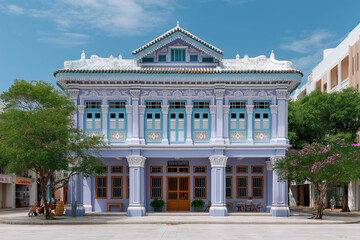 Obraz premium Historic colonial building with intricate blue and white architecture, surrounded by greenery and clear blue sky, located in a vibrant urban area