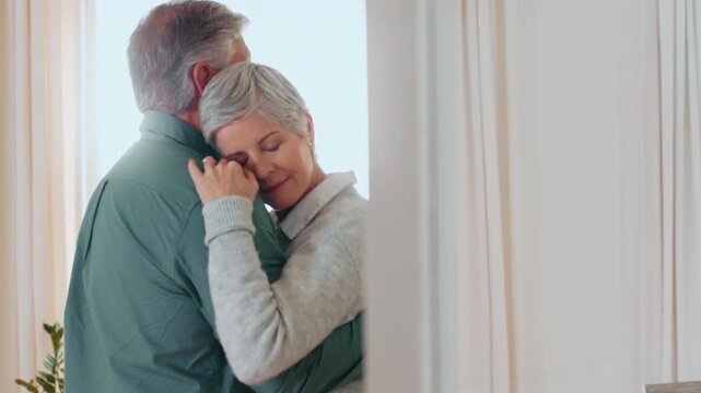 Old couple, relax and dance with love at house for movement, romance and bonding together. Senior people, embrace or moving with rhythm, romantic affection and partner support for marriage commitment