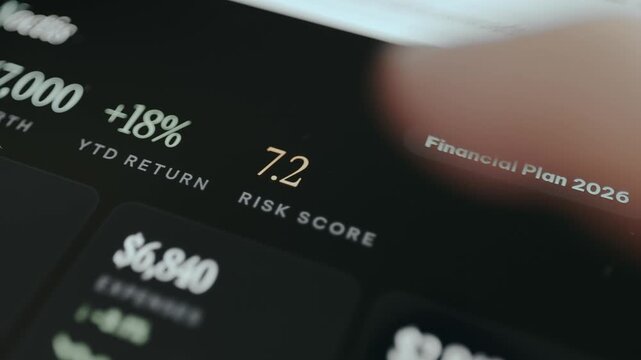 Financial dashboard displaying the Risk Score of 7.2, calculated risk level for an investment