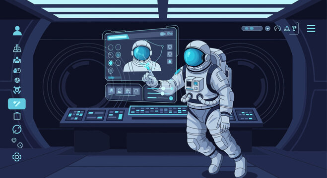 Futuristic space mission, astronaut interacting with advanced holographic interface inside