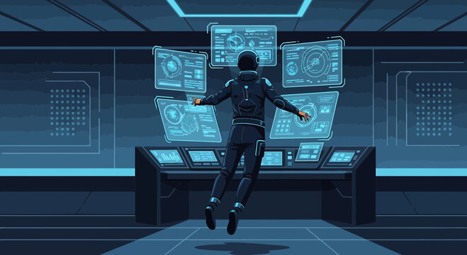 Futuristic space pilot managing spacecraft controls through holographic interface system