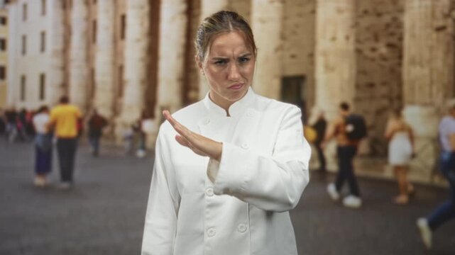 Young woman chef pointing finger at camera outside historic building with columns and plaza crowd; authority discipline.