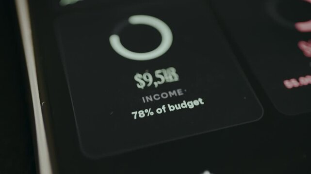 Financial dashboard display indicating the Income amount and budget status