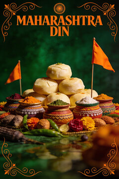 Celebrate Maharashtra Din with traditional sweets, vibrant spices, and saffron flags. A tribute to the rich culture and culinary heritage of Maharashtra on its foundation day. Jai Maharashtra!