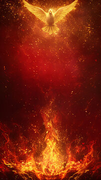 Vertical Christian Deep Red and Gold Grunge Texture Background, Divine Flame Light Copy Space for Pentecost Mobile Wallpaper Religious Social Media