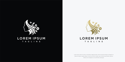 Obraz premium Elegant Woman's Profile Logo with Flowers and Butterflies