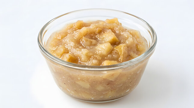 A glass bowl filled with a serving of applesauce on a white background