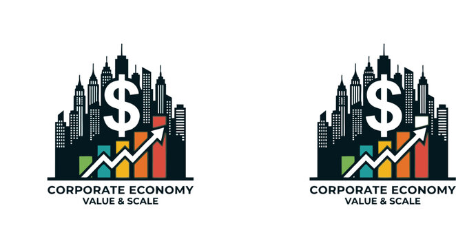 Minimalist vector illustration featuring city skyline with colorful bar chart, dollar sign, and upward arrow, symbolizing corporate economy, value, scale, and negative space design.
