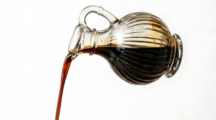 Obraz premium A glass oil cruet pouring a stream of dark liquid