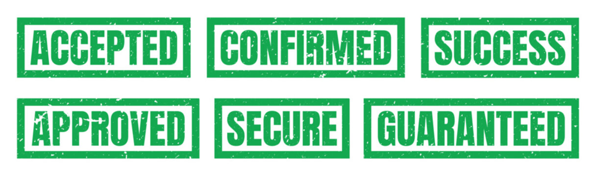 Green grunge rubber stamp set with accepted confirmed success approved secure and guaranteed business seal mark signs