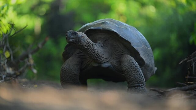 Galapagos Giant Tortoise Walking Slowly in Natural Habitat