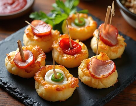 Miniature potato cups filled with savory toppings like meat and vegetables. Bite-sized appetizers presented on a dark slate plate. Perfect for parties gatherings and festive meals.