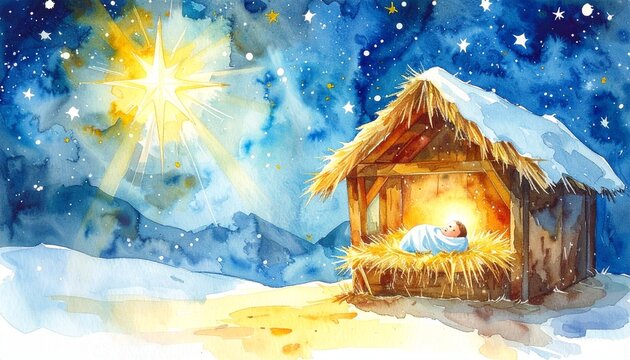 Beautiful Watercolor Painting of the Holy Nativity Scene with Baby Jesus Christ in a Manger Under a Bright Shining Star in a Night Sky