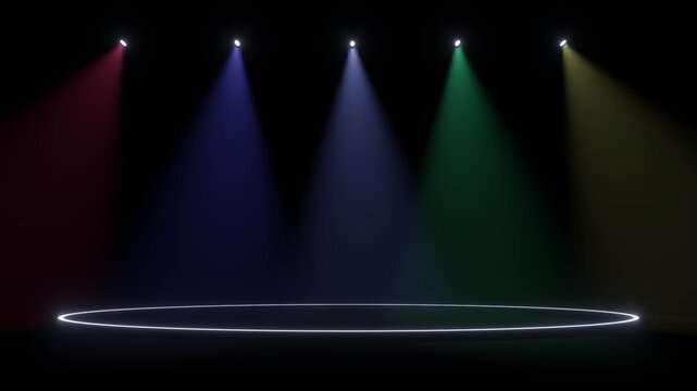 Theater stage spotlight with colored light beams and glowing circle platform on dark background, performance space, Loop animation
