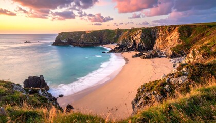 Obraz premium Scenic coastal landscape of a secluded sandy beach cove with rugged cliffs at sunset under a vibrant sky with colorful clouds and ocean