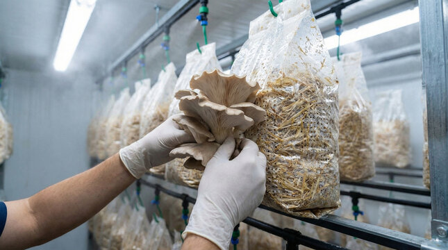 Close-up of hands picking fresh oyster mushrooms growing in climate-controlled grow bags; concept of Pleurotus ostreatus mushroom cultivation and sustainable mushroom production