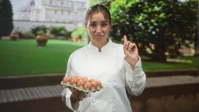 Woman chef holding tray of eggs points finger with raised eyebrow in front of building; food safety caution.