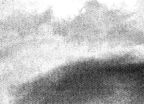 PNG with alpha transparency: black halftone dots fading from dense to light, creating a soft landscape-like silhouette and horizon. Ideal overlay for masking, compositing, and print texture.