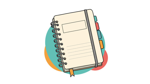 Stylish spiral notebook with a gray elastic band and colorful page tabs is presented against a set of abstract circles.