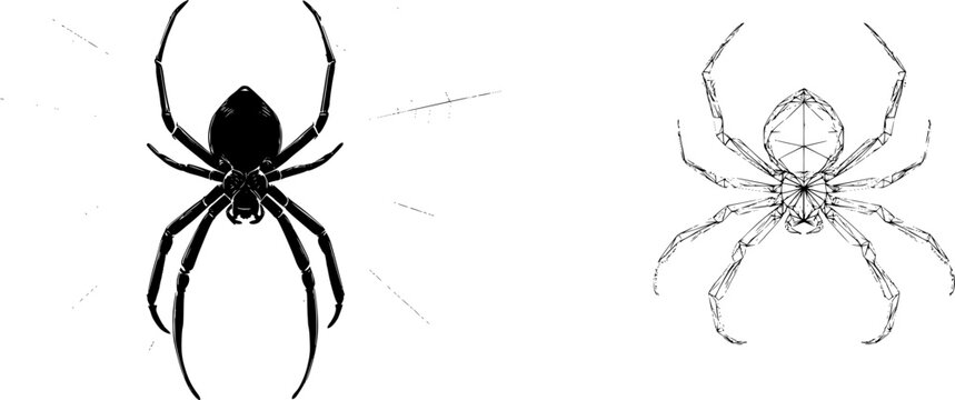 A symmetrical, net-casting spider with bold solid black legs and a perfect crisp web stands poised in the center of its minimalist flat vector art design against a pure white background