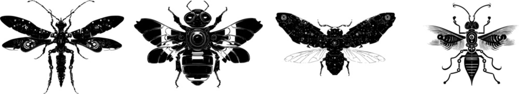 A symmetrical mechanical termite swarmer with robotic wings exhibits a bold solid black shape against a pure white background in minimalist flat vector art, showcasing flawless sharp edges for