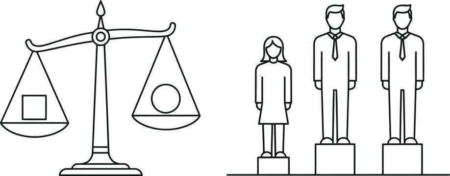 Balancing justice with equality and human figures on scales and pedestals.