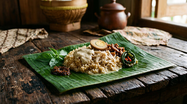 Nasi liwet Solo &mdash; coconut rice with opor ayam, spiced egg, tempeh on fresh banana leaf. Authentic Central Javanese heritage. No release.